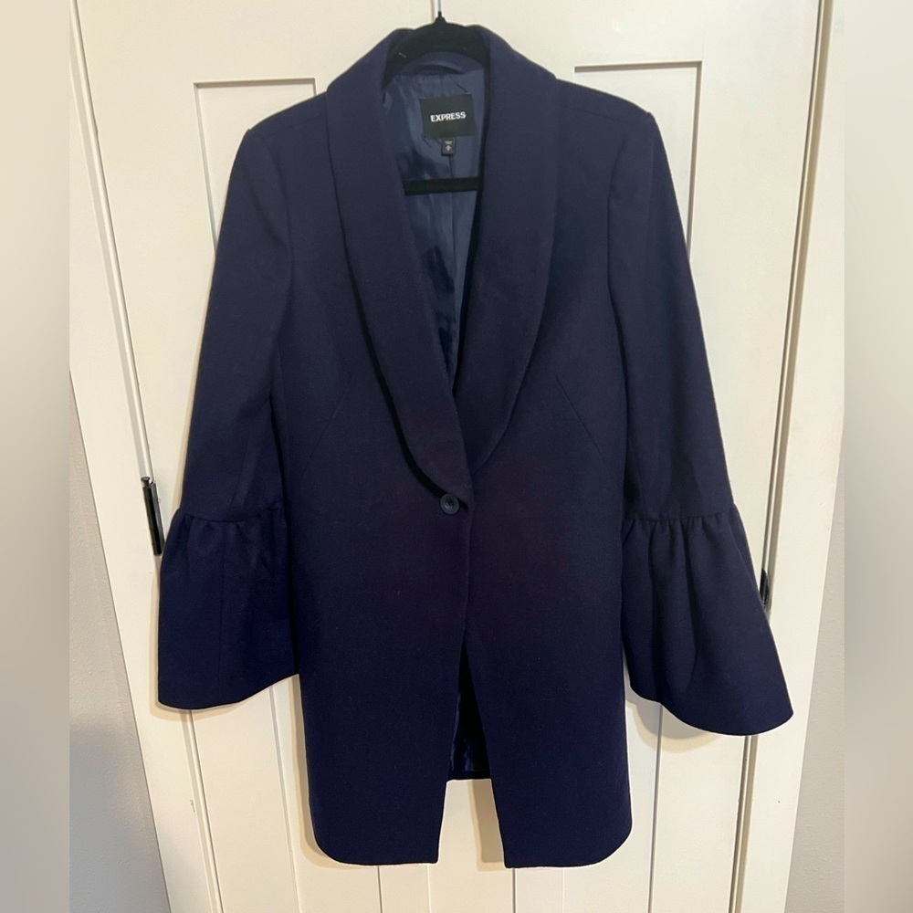 Express Navy Blue Wool Blend Coat/Bell Sleeve Shawl Collar Size Medium